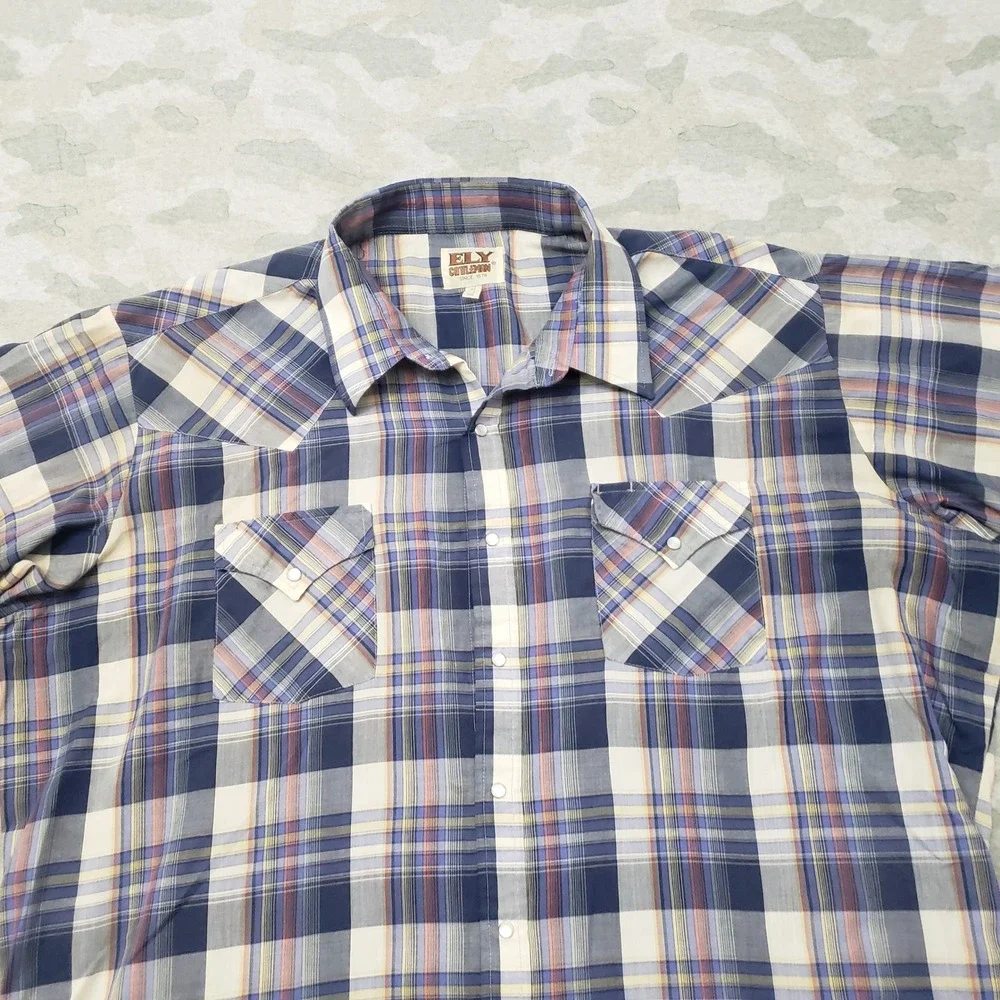 Ely Cattleman Western Shirt Mens 2XL Blue Plaid Pearl Snap Short Sleeve Rodeo